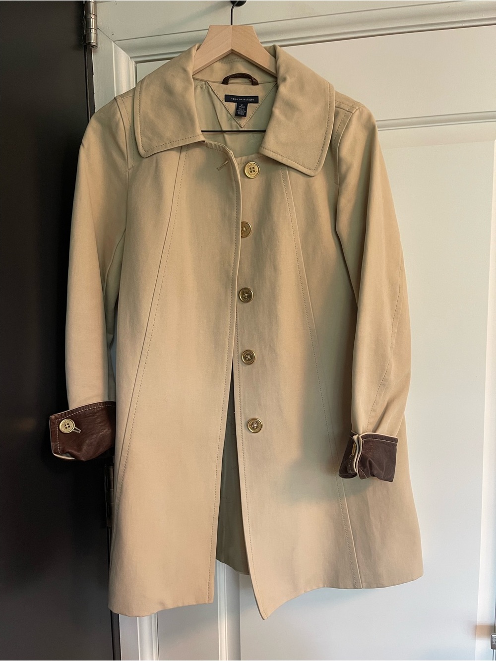 Tommy Hilfiger Beige Trench Coat with Brown Cuff Accents